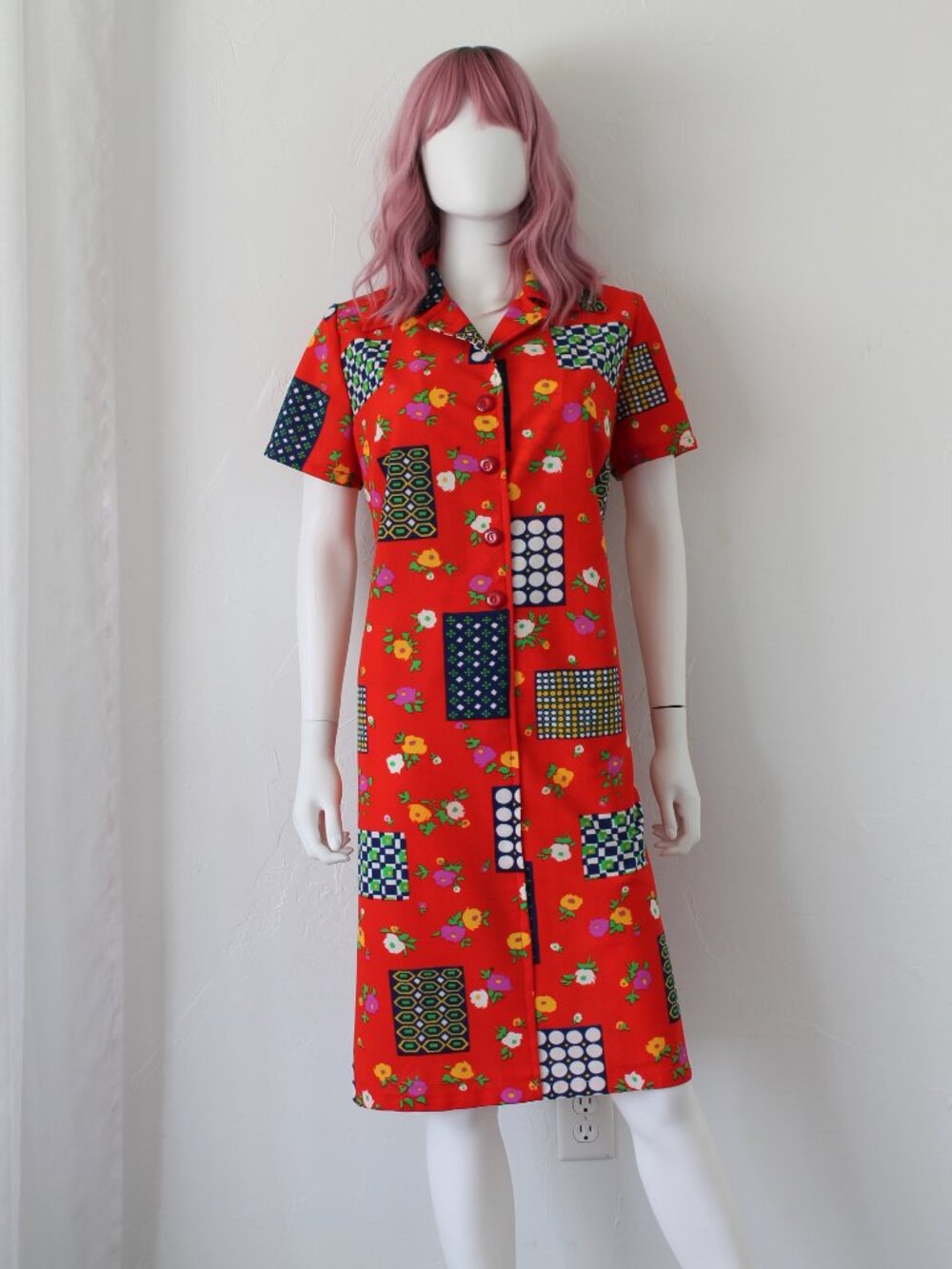 Vintage 1970s Bright Red Patchwork Print House Dress – Retro Geometric & Floral